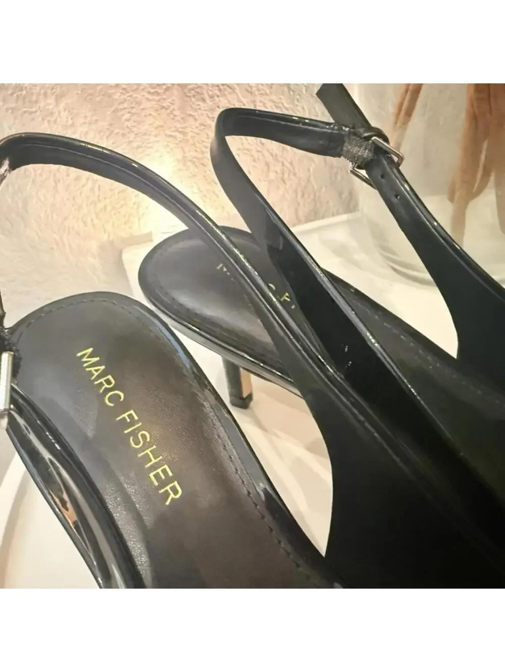 Marc Fisher Fallon Bow Patent Slingback Heel Pointed Toe Black Womens 7.5